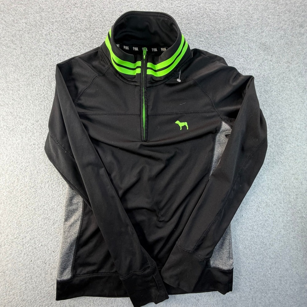 PINK Victoria's Secret Ultimate Quarter Zip Pullover Black Neon Green Medium